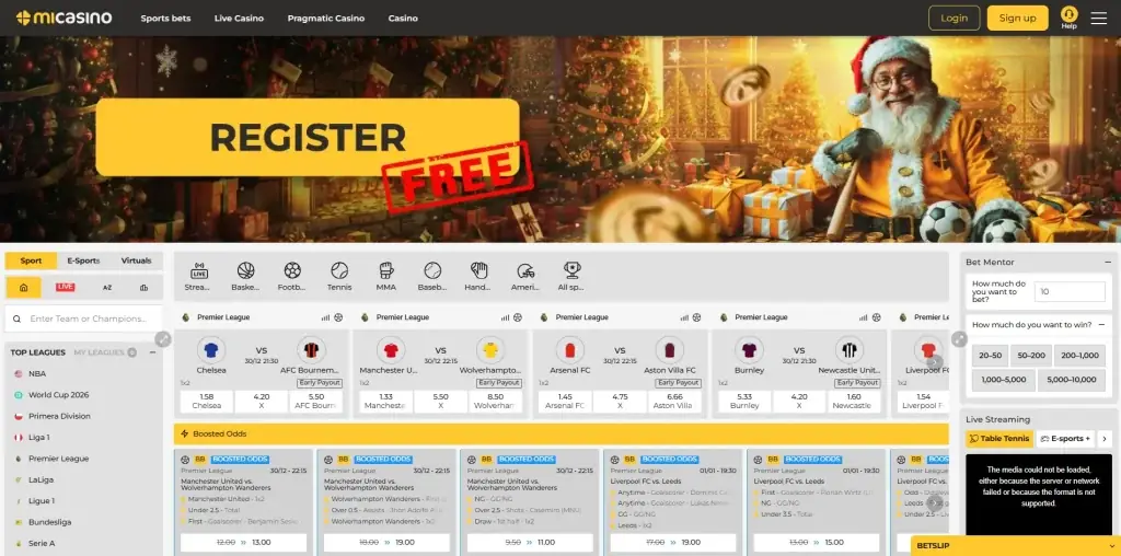 Sección de apuestas deportivas de Mi Casino con partidos de fútbol y cuotas en vivo