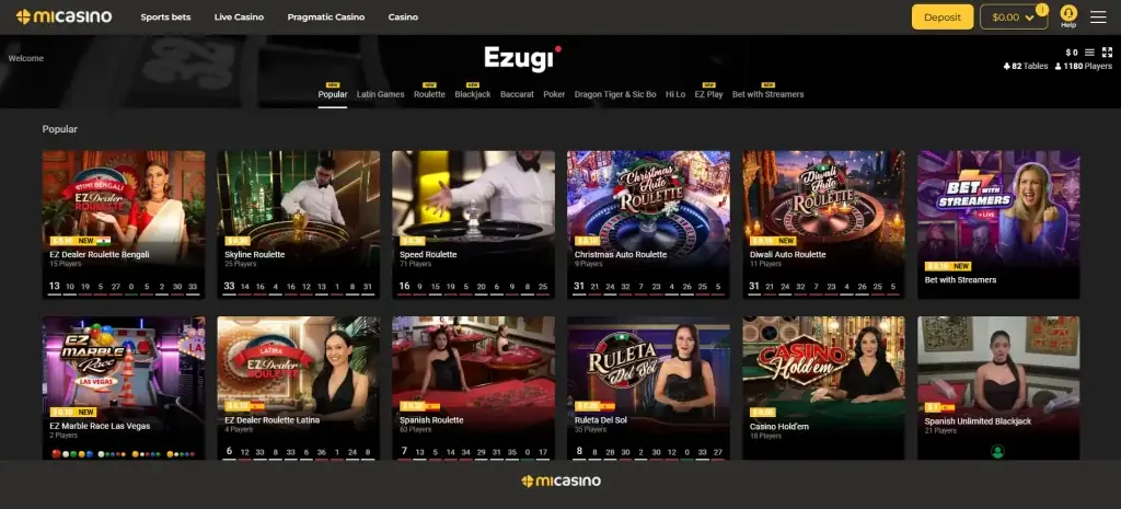 Lobby de Mi Casino en vivo con mesas de ruleta, blackjack y Casino Hold'em de Ezugi