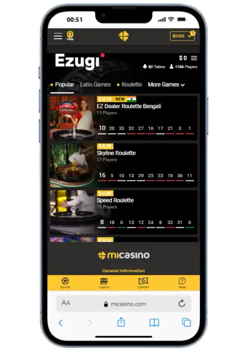 Mi Casino en vivo desde el celular, mesas de ruleta y blackjack en pantalla vertical