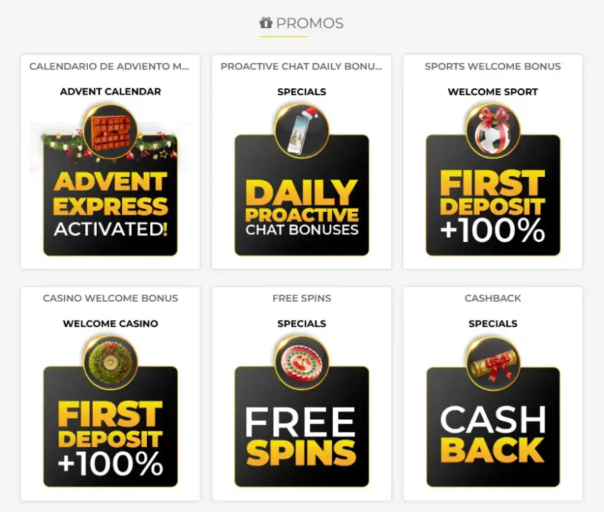 Panel de promociones de Mi Casino con bonos de casino, deportes y giros gratis