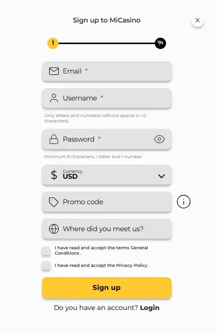 Formulario de registro de Mi Casino con usuario, correo, contraseña y código promocional